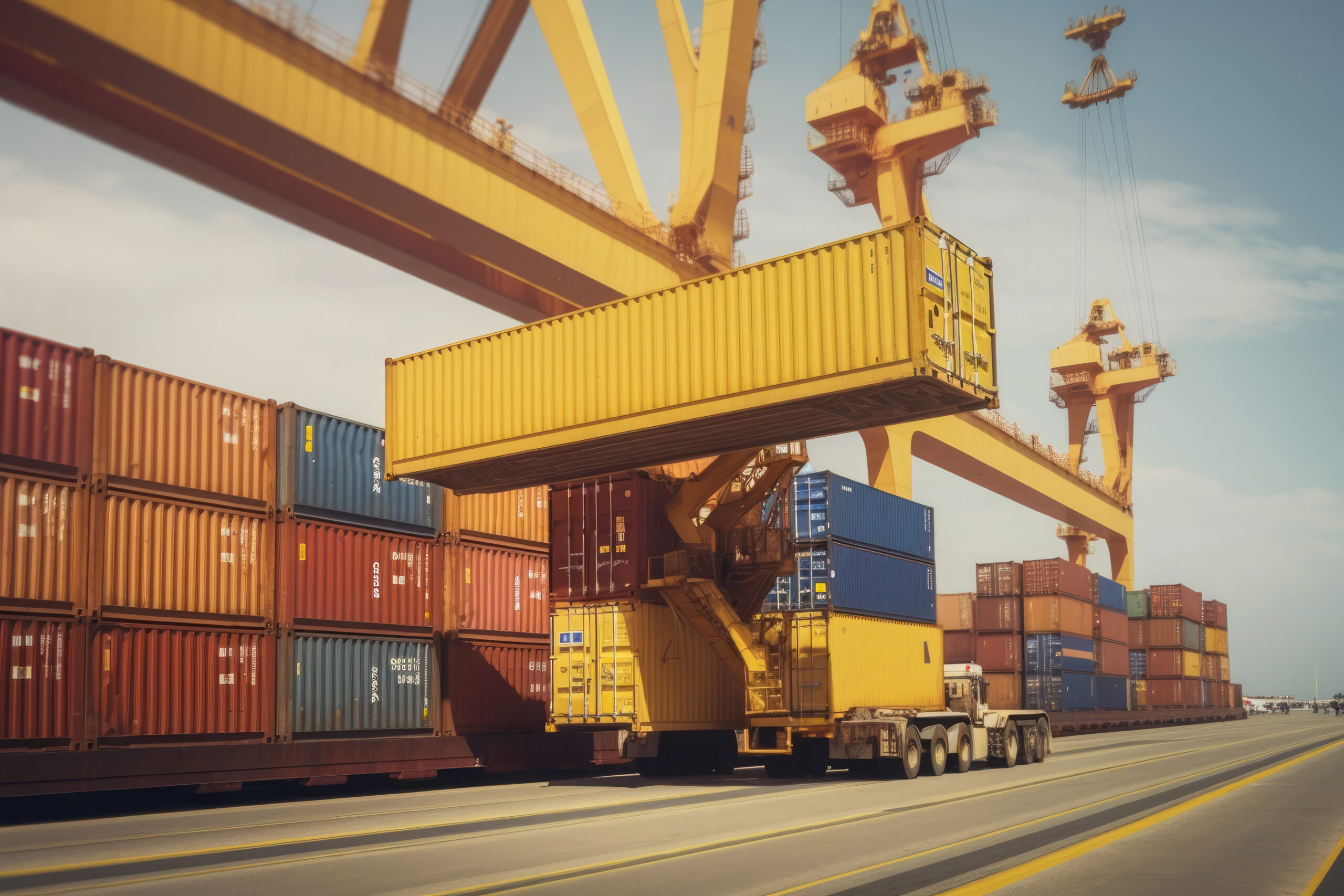 huge cargo crane of a harbor loading a yellow container.